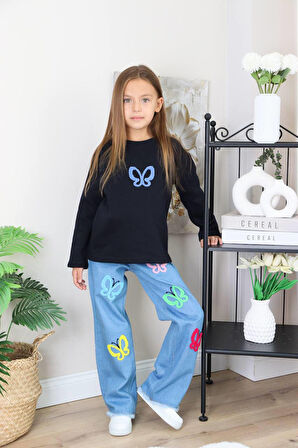 Kız Çocuk Mavi Jean Kelebekli Kot Pantolonlu Takım