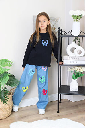 Kız Çocuk Mavi Jean Kelebekli Kot Pantolonlu Takım