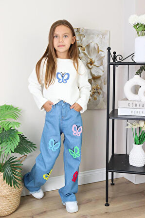 Kız Çocuk Mavi Jean Kelebekli Kot Pantolonlu Takım