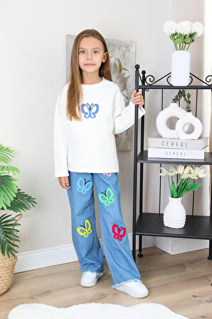 Kız Çocuk Mavi Jean Kelebekli Kot Pantolonlu Takım