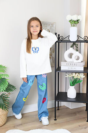 Kız Çocuk Mavi Jean Kelebekli Kot Pantolonlu Takım