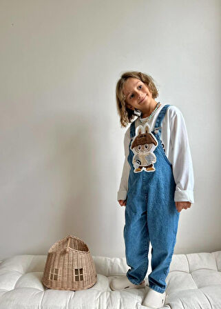 Erkek Çocuk Mavi Hayvan Figürlü Peluş Kot Jean Salopet