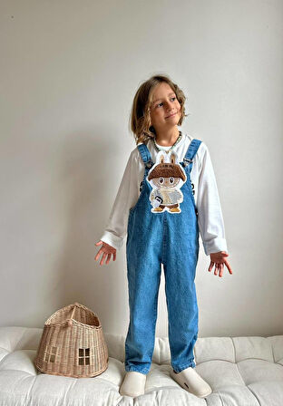 Erkek Çocuk Mavi Hayvan Figürlü Peluş Kot Jean Salopet