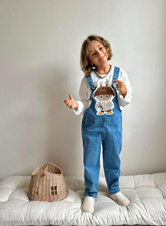 Erkek Çocuk Mavi Hayvan Figürlü Peluş Kot Jean Salopet
