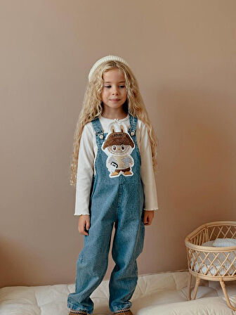Kız Çocuk Mavi Hayvan Figürlü Kot Jean Kışlık Salopet