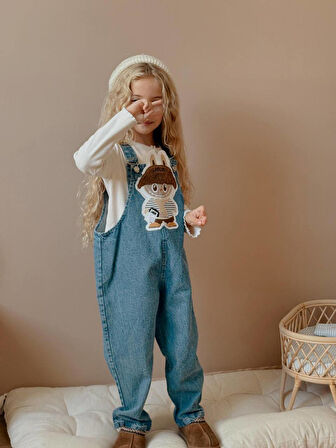Kız Çocuk Mavi Hayvan Figürlü Kot Jean Kışlık Salopet