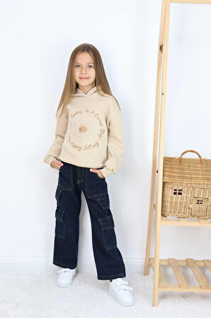 Kız Çocuk Jean Kargo Cepli Kot Pantolon Sweatshirtli Takım