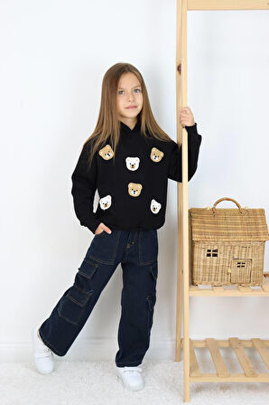 Kız Çocuk Jean Kargo Cepli Kot Pantolon Sweatshirtli Takım