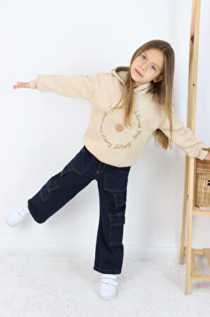 Kız Çocuk Jean Kargo Cepli Kot Pantolon Sweatshirtli Takım