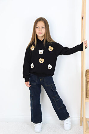 Kız Çocuk Jean Kargo Cepli Kot Pantolon Sweatshirtli Takım