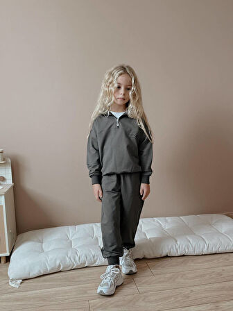 Kız Çocuk Half Zip Femuarlı Sweatshirt Kışlık Eşofman Takım