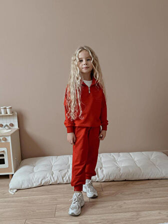 Kız Çocuk Half Zip Femuarlı Sweatshirt Kışlık Eşofman Takım