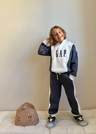 Erkek Çocuk Kapüşonlu Sweatshirt Blok Renkli Kışlık Takım