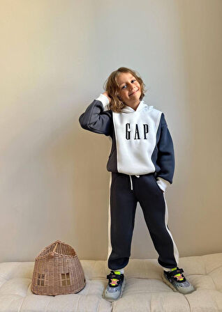 Erkek Çocuk Kapüşonlu Sweatshirt Blok Renkli Kışlık Takım
