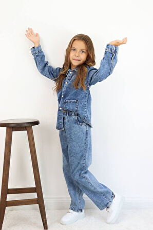 Kız Çocuk Mavi Kot Ceketli Pantolonlu Jean Kışlık Takım
