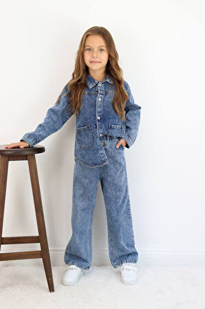 Kız Çocuk Mavi Kot Ceketli Pantolonlu Jean Kışlık Takım