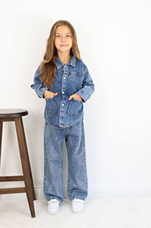 Kız Çocuk Mavi Kot Ceketli Pantolonlu Jean Kışlık Takım