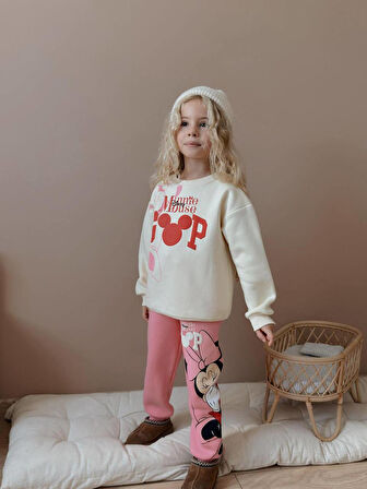 Kız Çocuk Karakter Baskılı Kedili Sweatshirtli Kışlık Takım