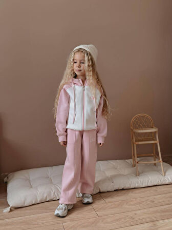 Kız Çocuk Blok Renkli Fermuarlı Sweatshirtli Kışlık Takım