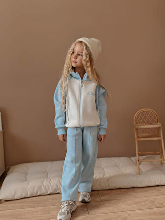 Kız Çocuk Blok Renkli Fermuarlı Sweatshirtli Kışlık Takım