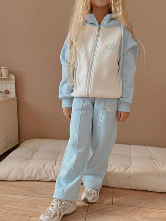 Kız Çocuk Blok Renkli Fermuarlı Sweatshirtli Kışlık Takım