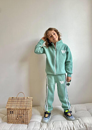 Erkek Çocuk W Şeritli Fermuarlı Sweatshirt Kışlık Takım