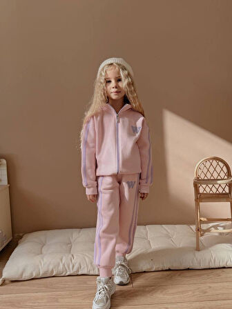 Kız Çocuk W Şeritli Fermuarlı Sweatshirtli Kışlık Takım