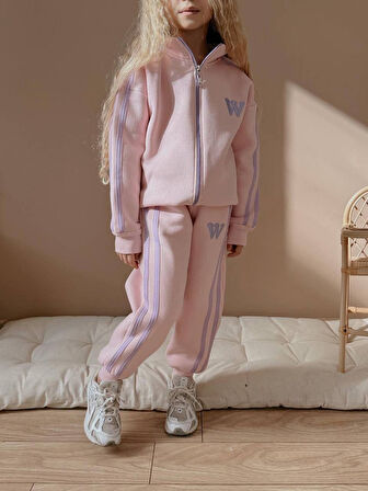 Kız Çocuk W Şeritli Fermuarlı Sweatshirtli Kışlık Takım
