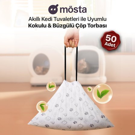 Çöp Torbası - Akıllı Kedi Tuvaletleri ile Uyumlu Kokulu &amp; Büzgülü Çöp Torbası - UBPet C10 Pro ve UBPet C20 Uyumlu - 4 Litre Hazne - 50 Adet