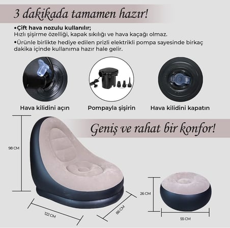 Şişme Koltuk ve Ayak Uzatma Pufu – Ev, Kamp, Ofis Kullanımı İçin, Pompa Hediyeli, Taşınabilir