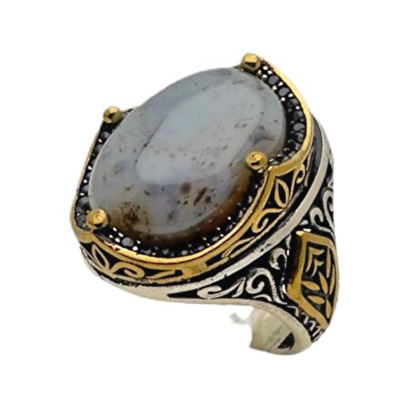 Akik ve Zirkon Taşlı Gümüş Yüzük 240053173G21Y