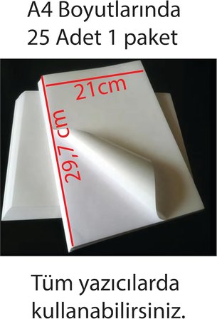 Etiket Kağıdı A4 Yapışkanlı Sticker – Kuvvetli yapışkanlı ,A4 Yapışkanlı Etiket Kağıdı, 21x29.7 cm, 25 Yaprak, 160 gr, Tüm Yazıcılarla Uyumlu, Beyaz