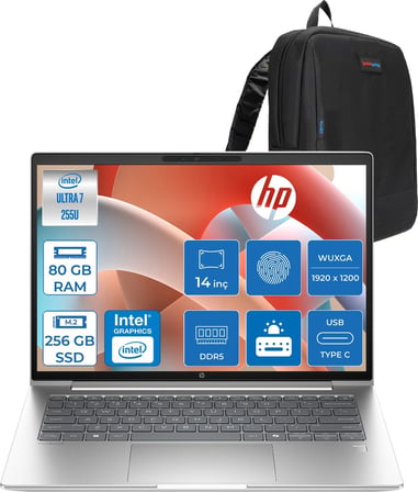 Hp Probook 4 G1I Intel Ultra7 255U 80GB Ddr5 256GB SSD 14 Inch Intel® Grafik Gpu Wuxga (1920X1200) IPS 300NIT Freedos Taşınabilir Bilgisayar D21PDETF26+ZETTAÇANTA