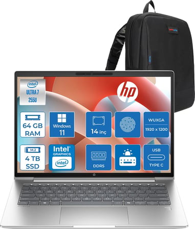Hp Probook 4 G1I Intel Ultra7 255U 64GB Ddr5 4tb SSD 14 Inch Intel® Grafik Gpu Wuxga (1920X1200) IPS 300NIT WIN11HOME Taşınabilir Bilgisayar D21PDETH25+ZETTAÇANTA