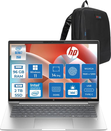 Hp Probook 4 G1I Intel Ultra7 255U 96GB Ddr5 2tb SSD 14 Inch Intel® Grafik Gpu Wuxga (1920X1200) IPS 300NIT WIN11HOME Taşınabilir Bilgisayar D21PDETH34+ZETTAÇANTA