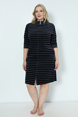 Çizgili Kadife Fermuarlı Cepli Büyük Beden Pamuklu Kadife Elbise