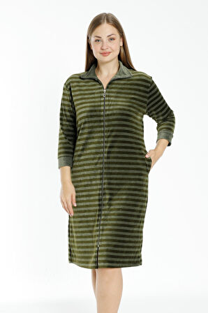 Çizgili Kadife Fermuarlı Cepli Büyük Beden Pamuklu Kadife Elbise