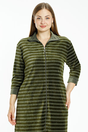 Çizgili Kadife Fermuarlı Cepli Büyük Beden Pamuklu Kadife Elbise