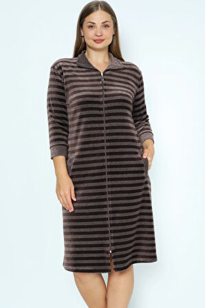 Çizgili Kadife Fermuarlı Cepli Büyük Beden Pamuklu Kadife Elbise