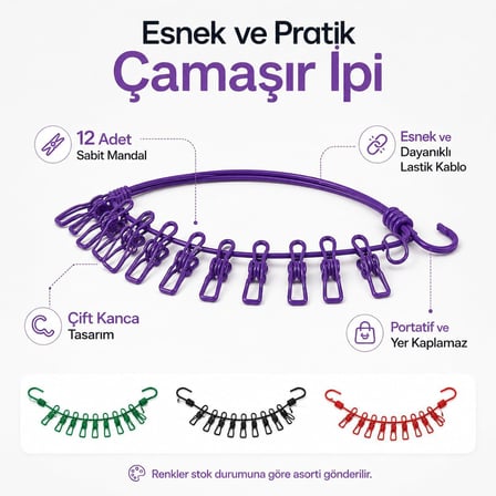 SOGUD Çamaşır Asma İpi, 12 Mandallı Portatif Seyahat Çamaşır İpi, Taşınabilir Elastik Kurutma Askısı, Kamp Balkon Otel Yurt Banyo ve Karavan Kullanımı İçin, Renk Stok Durumuna Göre Gönderilir