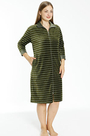 Çizgili Kadife Fermuarlı Cepli Büyük Beden Pamuklu Kadife Elbise