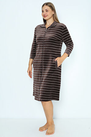 Çizgili Kadife Fermuarlı Cepli Büyük Beden Pamuklu Kadife Elbise