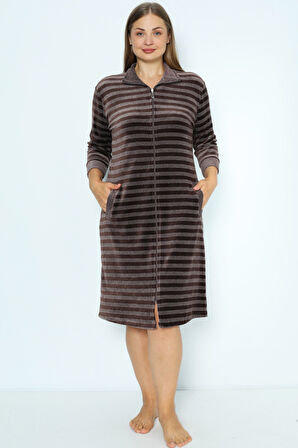 Çizgili Kadife Fermuarlı Cepli Büyük Beden Pamuklu Kadife Elbise