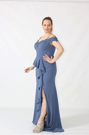 2401 İndigo Göğsü Aplik İşlemeli Eteği Volanlı Uzun Abiye