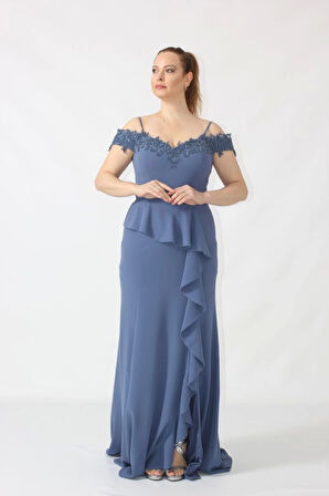 2401 İndigo Göğsü Aplik İşlemeli Eteği Volanlı Uzun Abiye