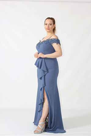 2401 İndigo Göğsü Aplik İşlemeli Eteği Volanlı Uzun Abiye