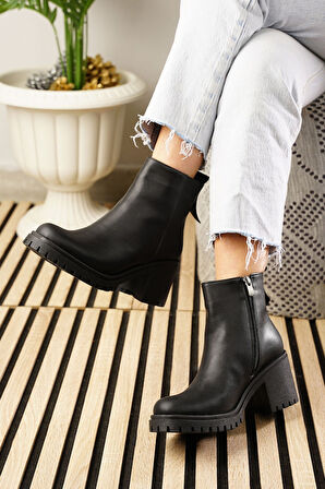 Günlük Kadın Bot Fermuarlı Kalın Yüksek Topuklu Traktör Tabanlı Kürklü Astarlı Bootie 2401