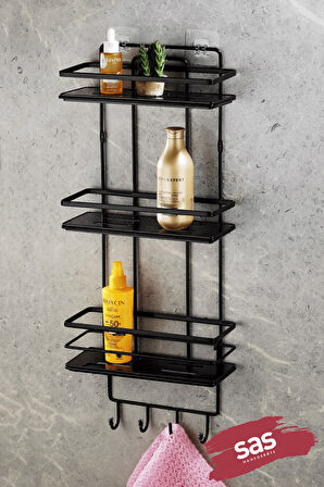 Yapışkanlı Ömür Boyu Paslanmaz Kristal Ayarlanabilir Raf Banyo Düzenleyici Şampuanlık Siyah - Siyah 