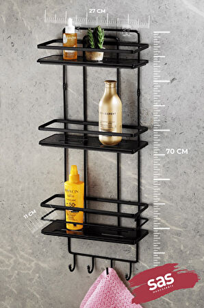 Yapışkanlı Ömür Boyu Paslanmaz Kristal Ayarlanabilir Raf Banyo Düzenleyici Şampuanlık Siyah - Siyah 