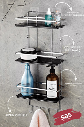 Yapışkanlı Ömür Boyu Paslanmaz Kristal Ayarlanabilir Raf Banyo Düzenleyici Şampuanlık KROM-SİYAH LŞ-